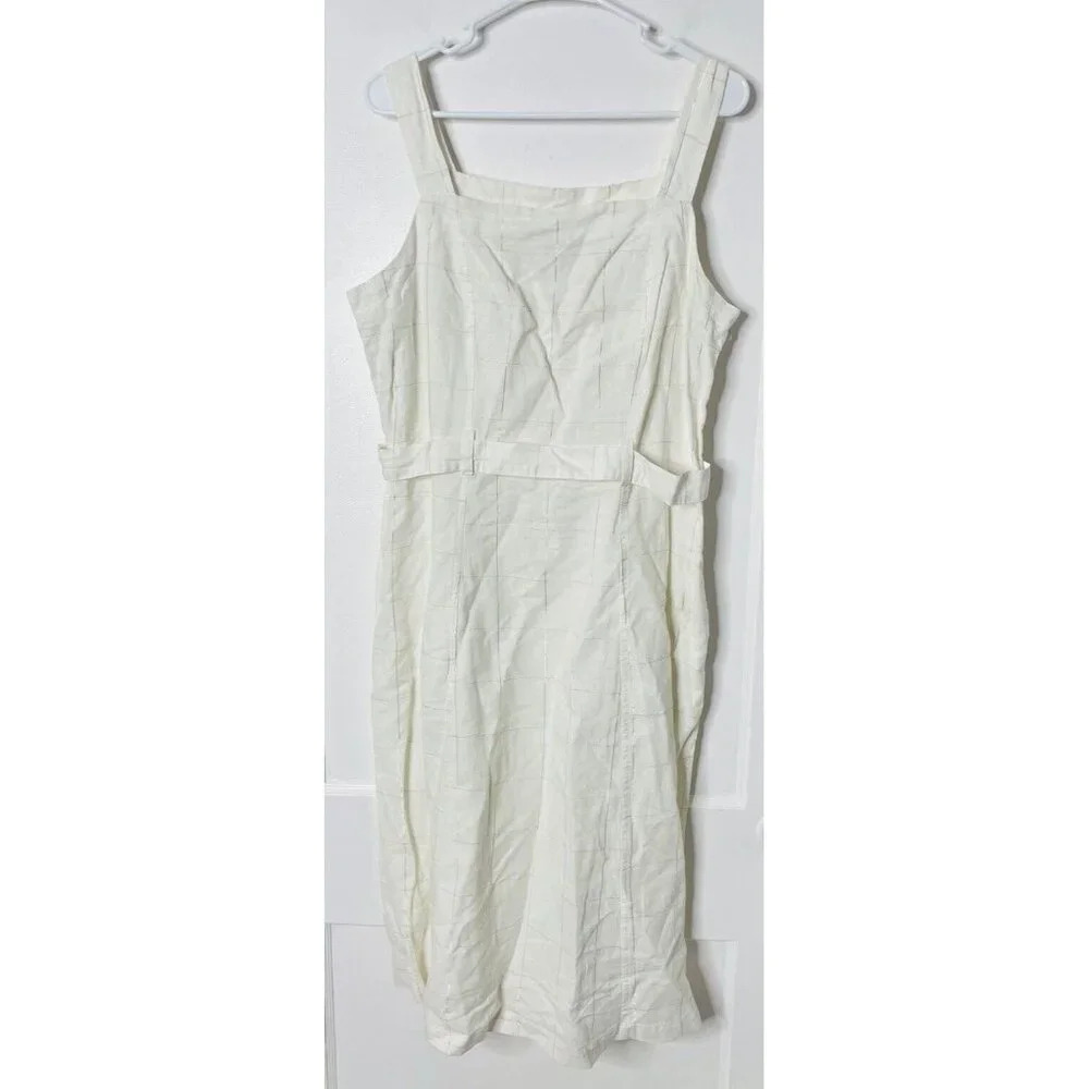 Liz Claiborne Dress Sz 12 Linen Blend Metallic Plaid Belted Breathable Classic
